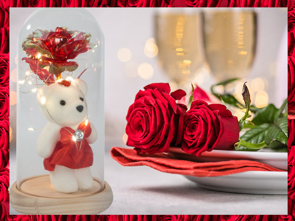 Mūžīgā roze stikla LED gaismas stikla kastītē sieviešu dienā