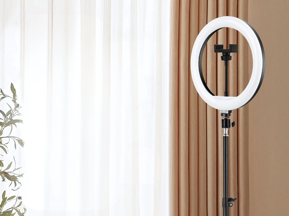 LED gredzenveida gaismeklis + telefona turētājs + statīvs 100 cm 3 abažūri