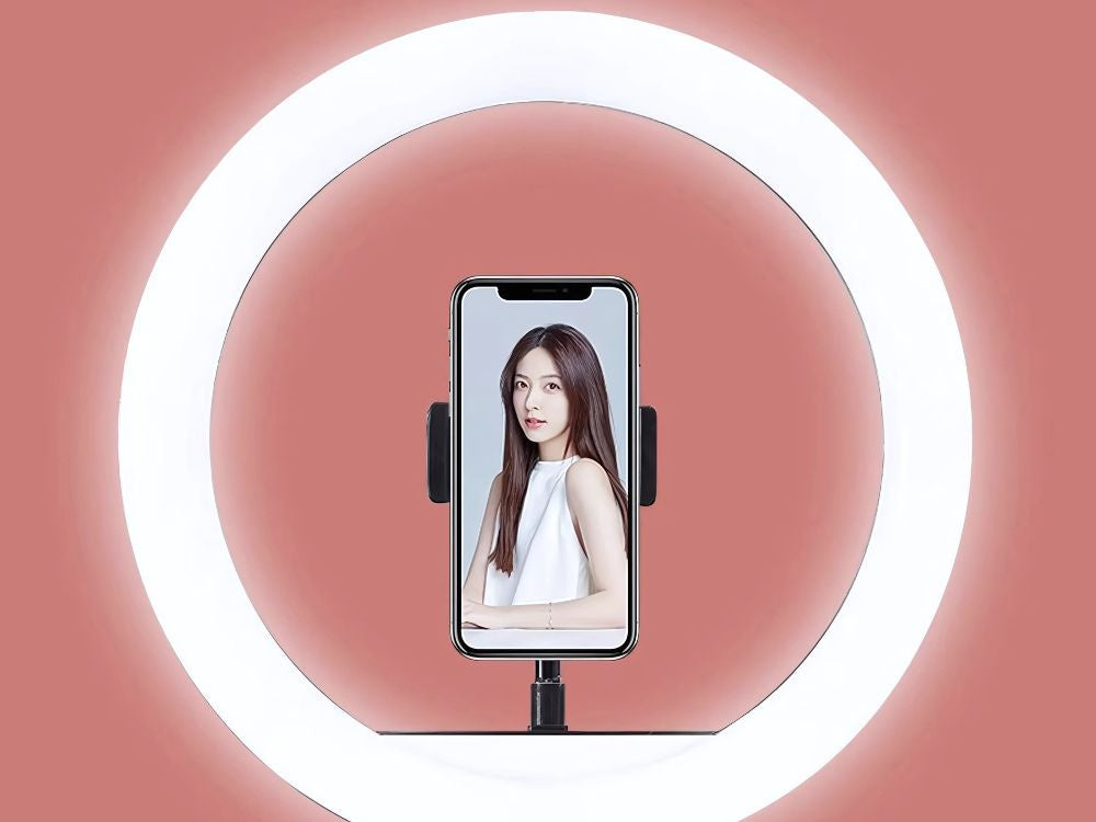 LED gredzenveida gaismeklis + telefona turētājs + statīvs 100 cm 3 abažūri