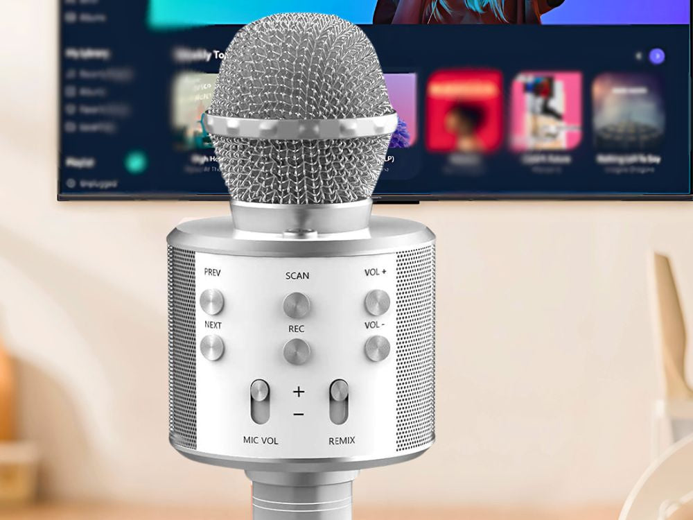 Bezvadu mikrofons Bluetooth karaoke skaļrunis apaļš ar korpusu, dažādi režīmi