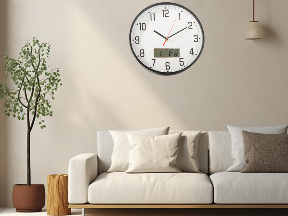 Sienas pulkstenis, liels, kluss, 30 cm, apaļš rādītājs, datums, temperatūra, koks
