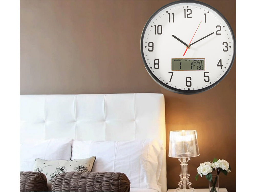 Sienas pulkstenis, liels, kluss, 30 cm, apaļš rādītājs, datums, temperatūra, koks