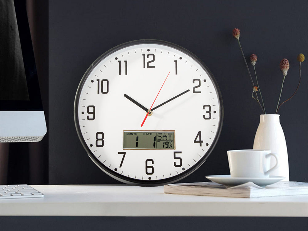 Sienas pulkstenis, liels, kluss, 30 cm, apaļš rādītājs, datums, temperatūra, koks