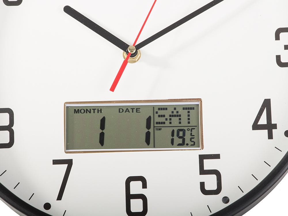 Sienas pulkstenis, liels, kluss, 30 cm, apaļš rādītājs, datums, temperatūra, koks