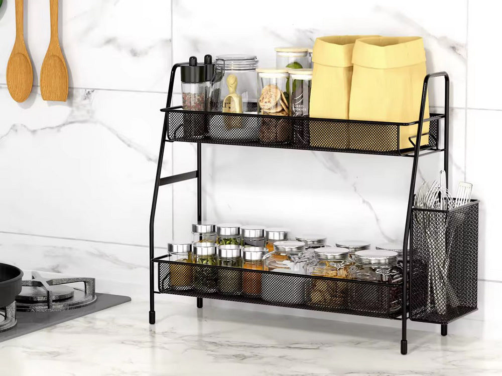 Virtuves plaukts bēniņu virtuves organizators divstāvu statīvs ar grozu