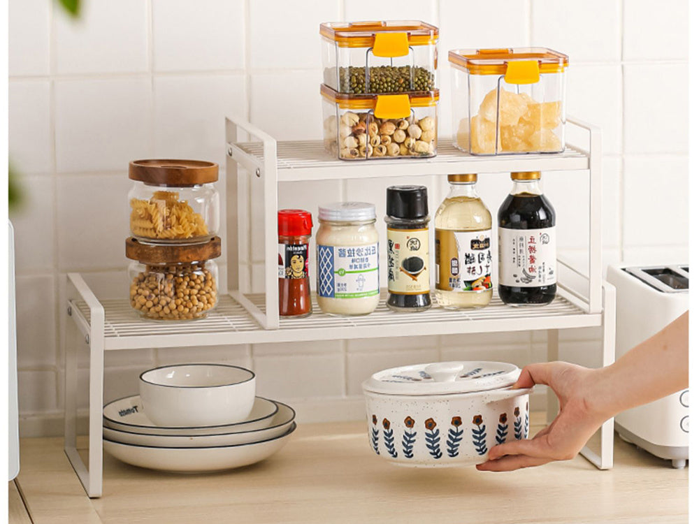 Vienlīmeņa metāla plaukts virtuves darba virsmai, virtuves organizatora bēniņu statīvs