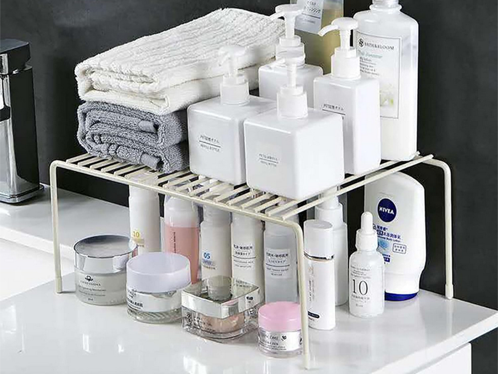 Metāla plaukts, regulējams platumā, paplašināms, virtuves organizatoram, balts