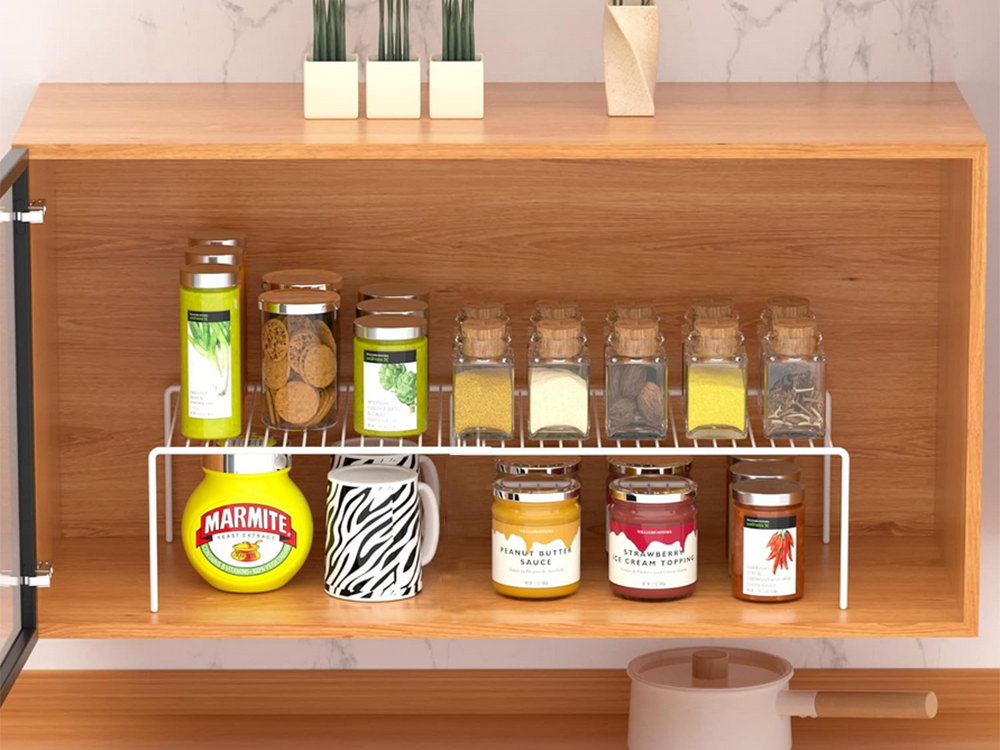 Metāla plaukts, regulējams platumā, paplašināms, virtuves organizatoram, balts