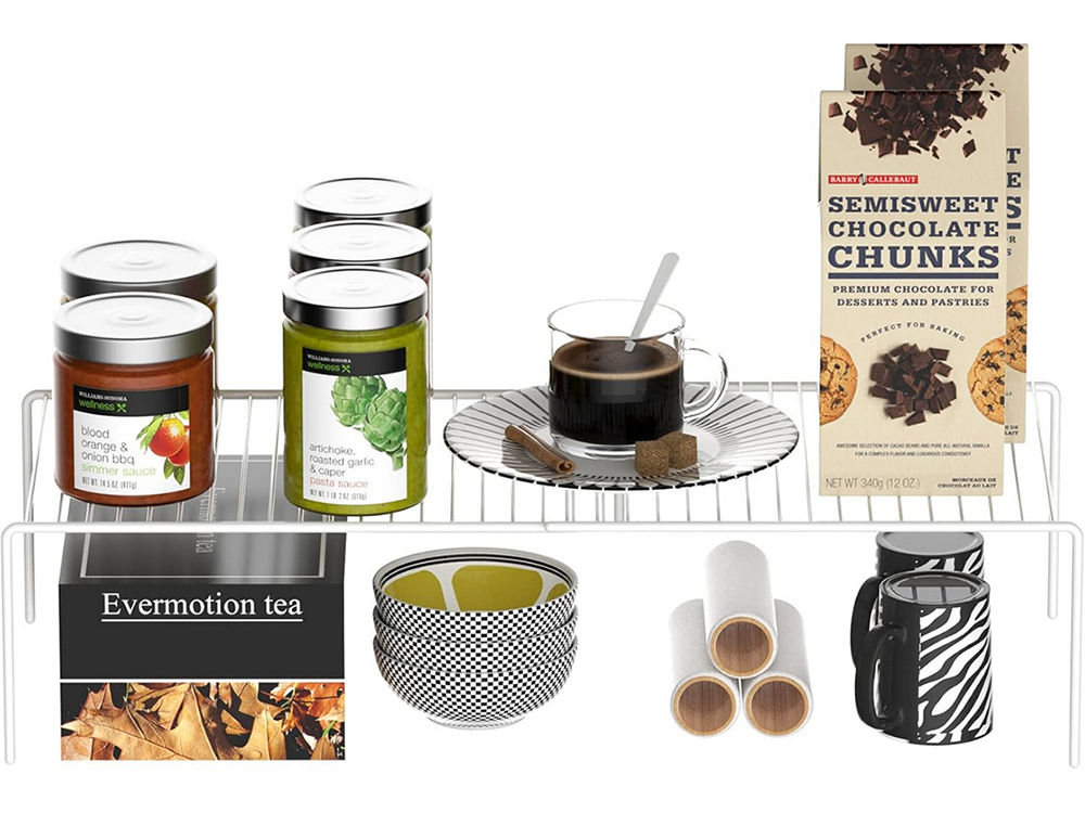 Metāla plaukts, regulējams platumā, paplašināms, virtuves organizatoram, balts