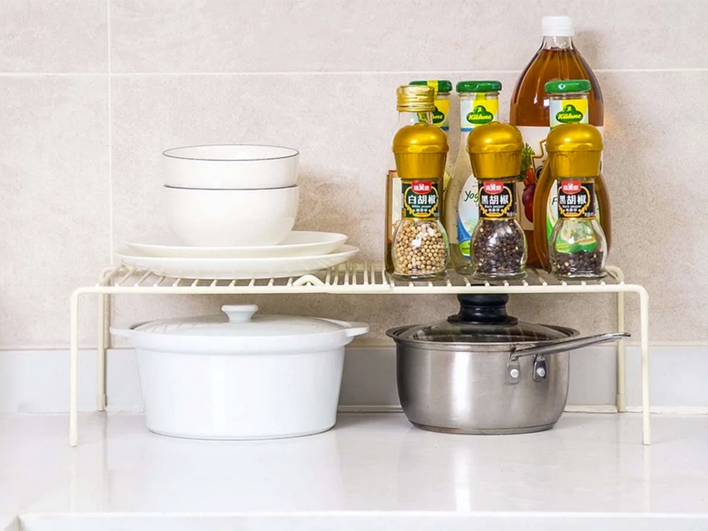 Metāla plaukts, regulējams platumā, paplašināms, virtuves organizatoram, balts