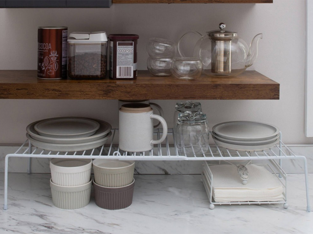 Metāla plaukts, regulējams platumā, paplašināms, virtuves organizatoram, balts