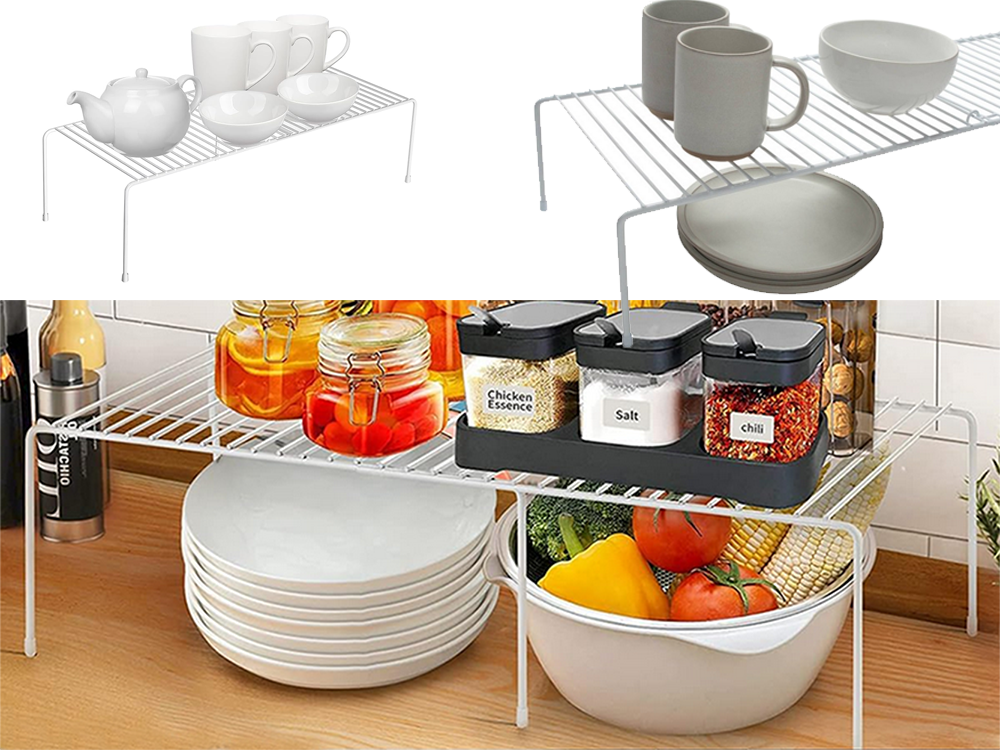 Metāla plaukts, regulējams platumā, paplašināms, virtuves organizatoram, balts