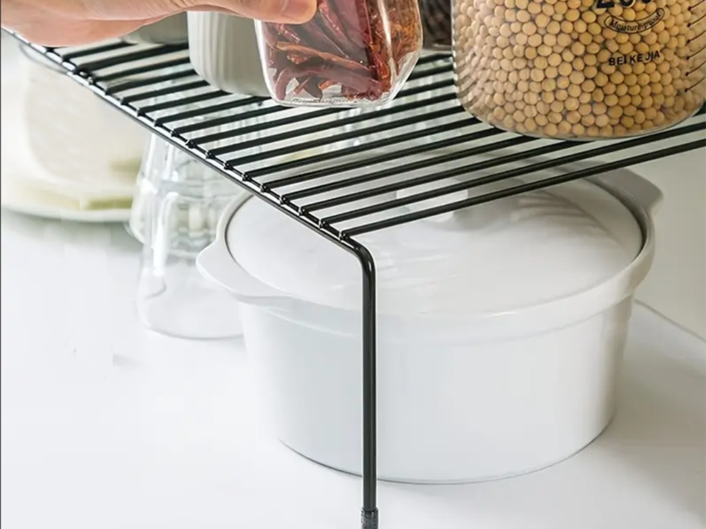 Metāla plaukts ar regulējamu platumu, paplašināms, virtuves organizatoram, melns