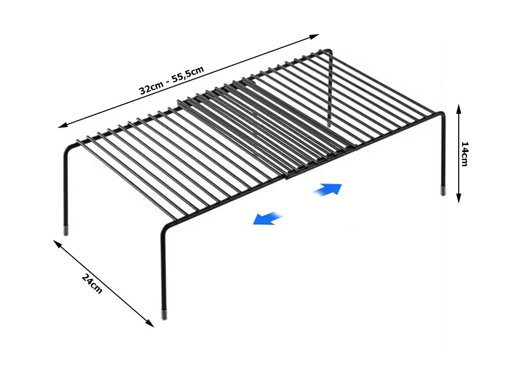 Metāla plaukts ar regulējamu platumu, paplašināms, virtuves organizatoram, melns