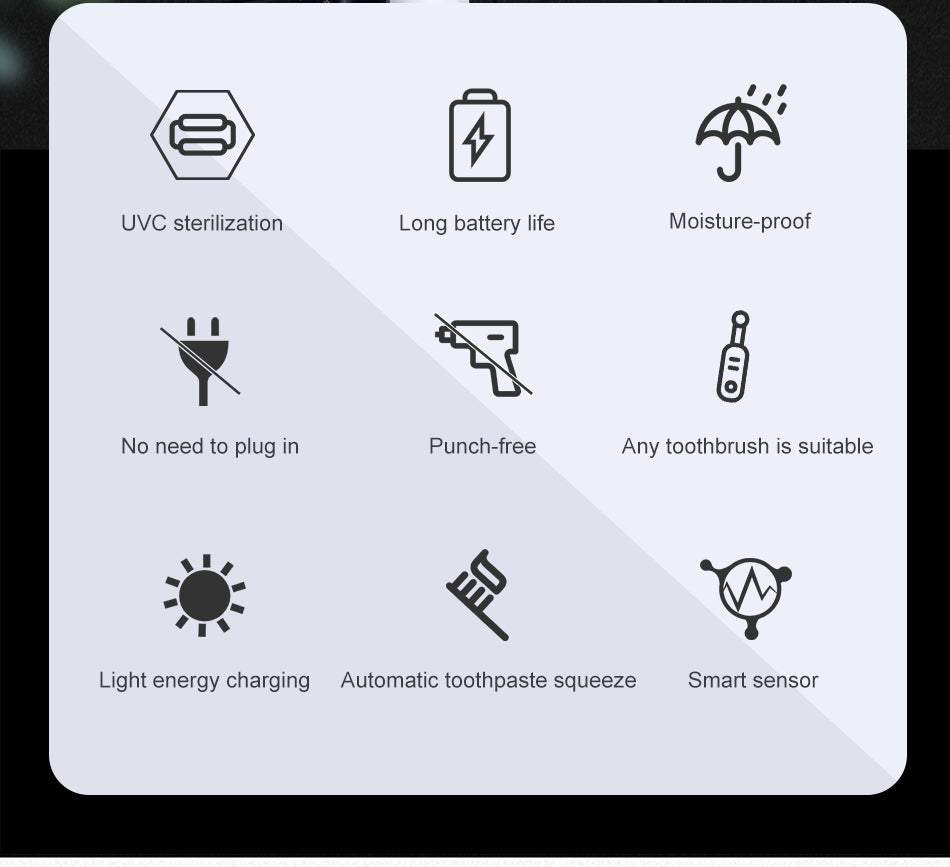 Zobu birstes turētājs ar UV sterilizatoru un zobu pastas dozatoru, piestiprināms pie sienas