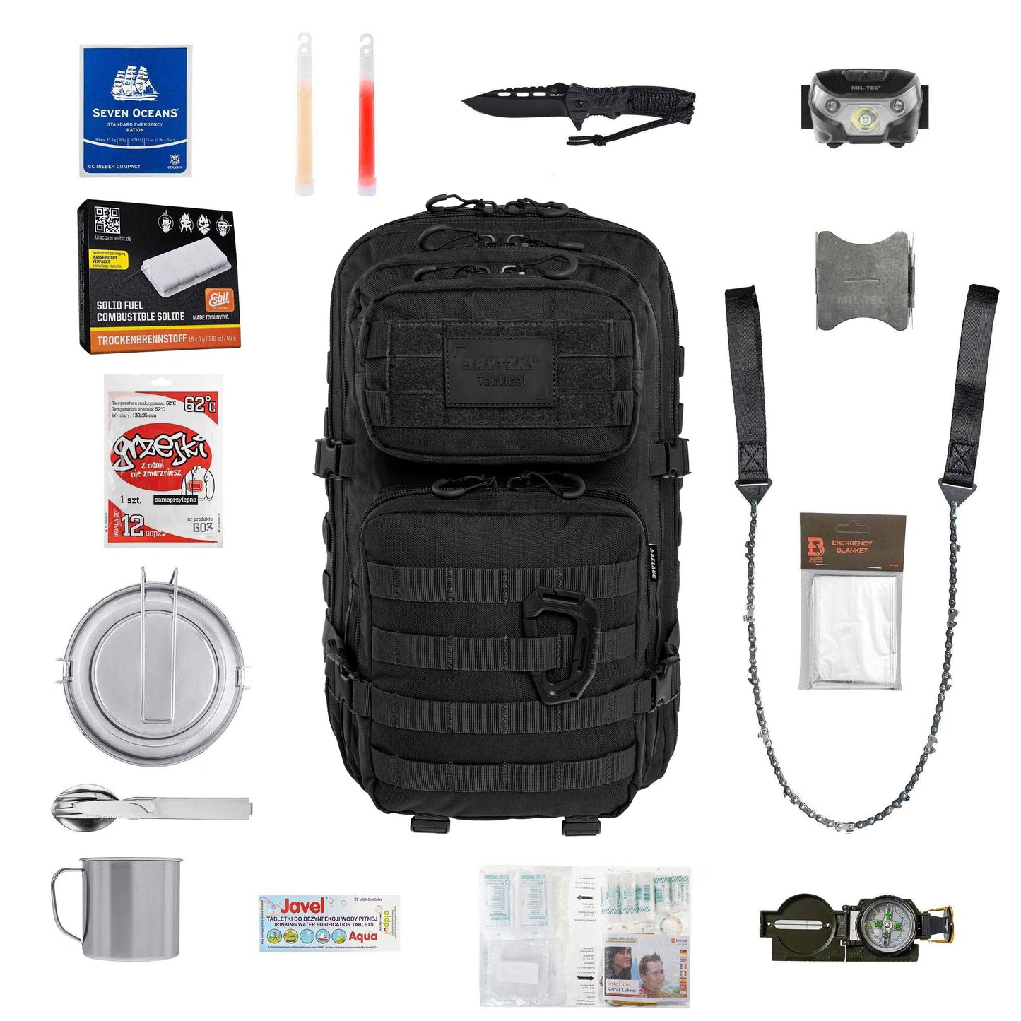 Izdzīvošanas mugursoma 36L ar aprīkojumu – Brytzky Tactical Polygon | 72h soma | Evakuācijas soma | Bug Out Bag