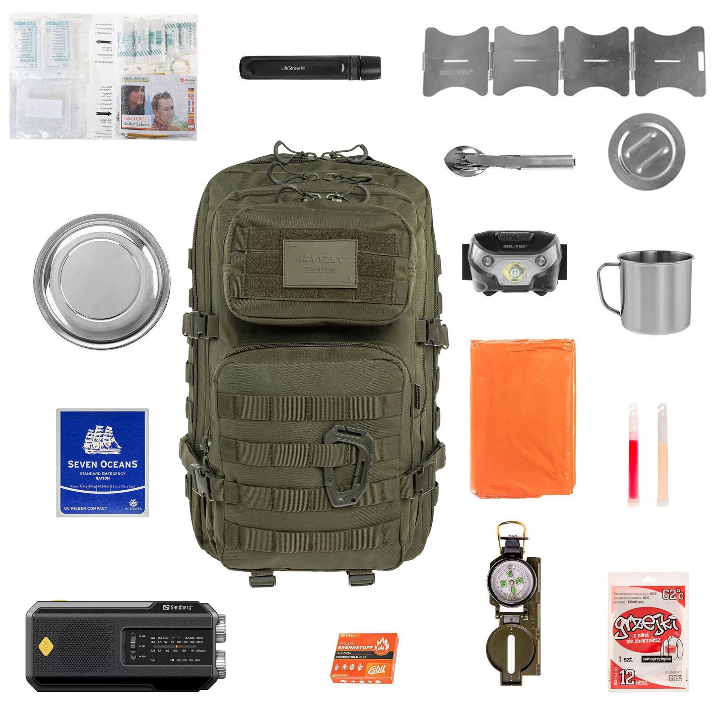 Izdzīvošanas mugursoma 36L ar aprīkojumu – Brytzky Tactical Polygon Olive V2 | 72h soma | Evakuācijas soma | Bug Out Bag