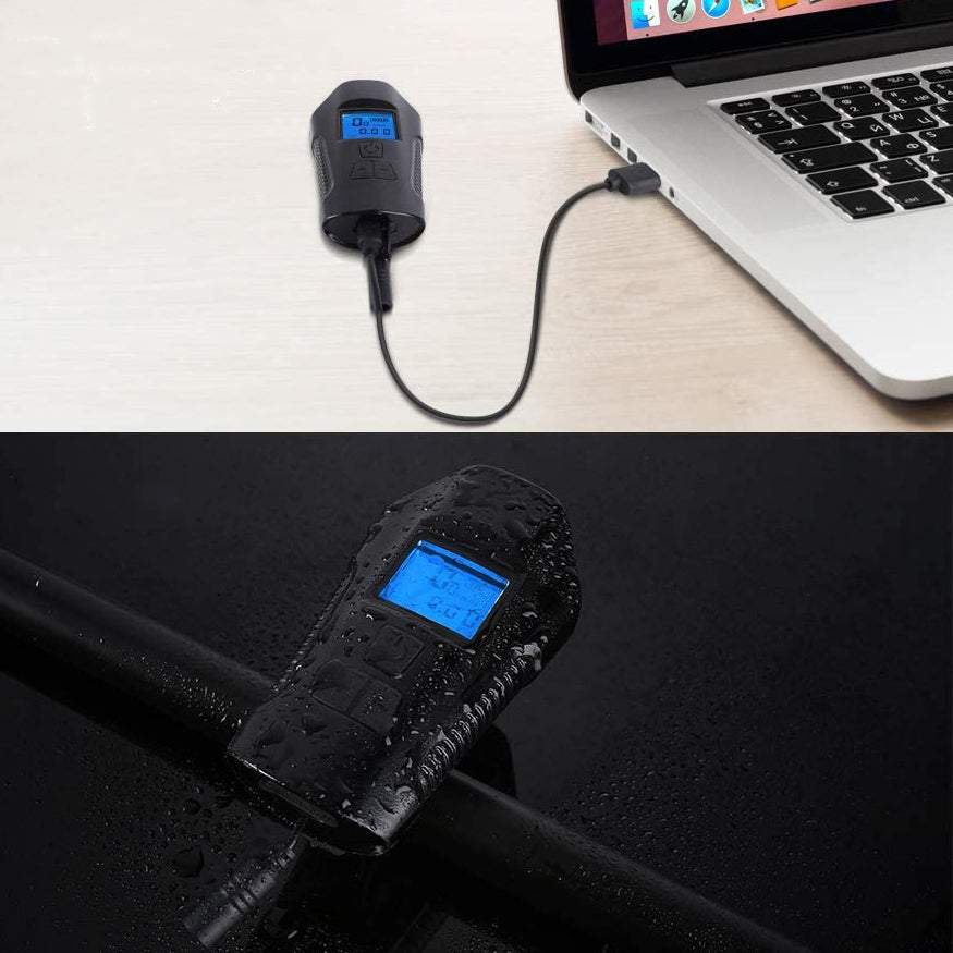 Priekšējais velosipēda lukturis ar spidometru + aizmugures gaismas lukturis