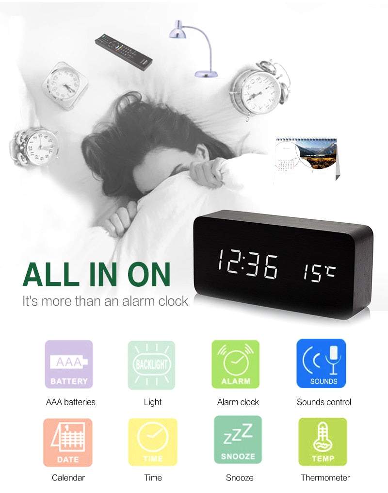 Moderns koka LED pulkstenis ar modinātāju un termometru, tumšā krāsā