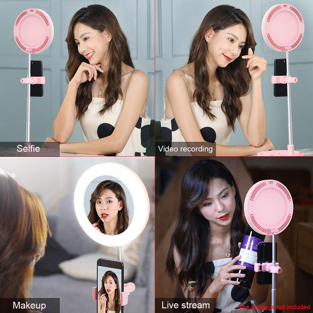 Spogulis gredzenveida lampa ar telefona turētāju