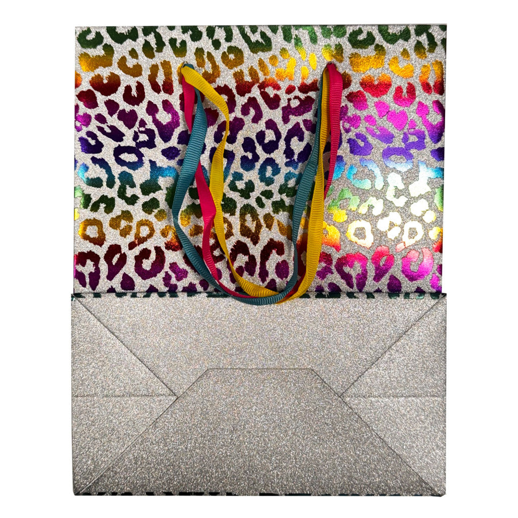 Krāsains leoparda mirdzošs papīra dāvanu maisiņš 18x10x23 cm