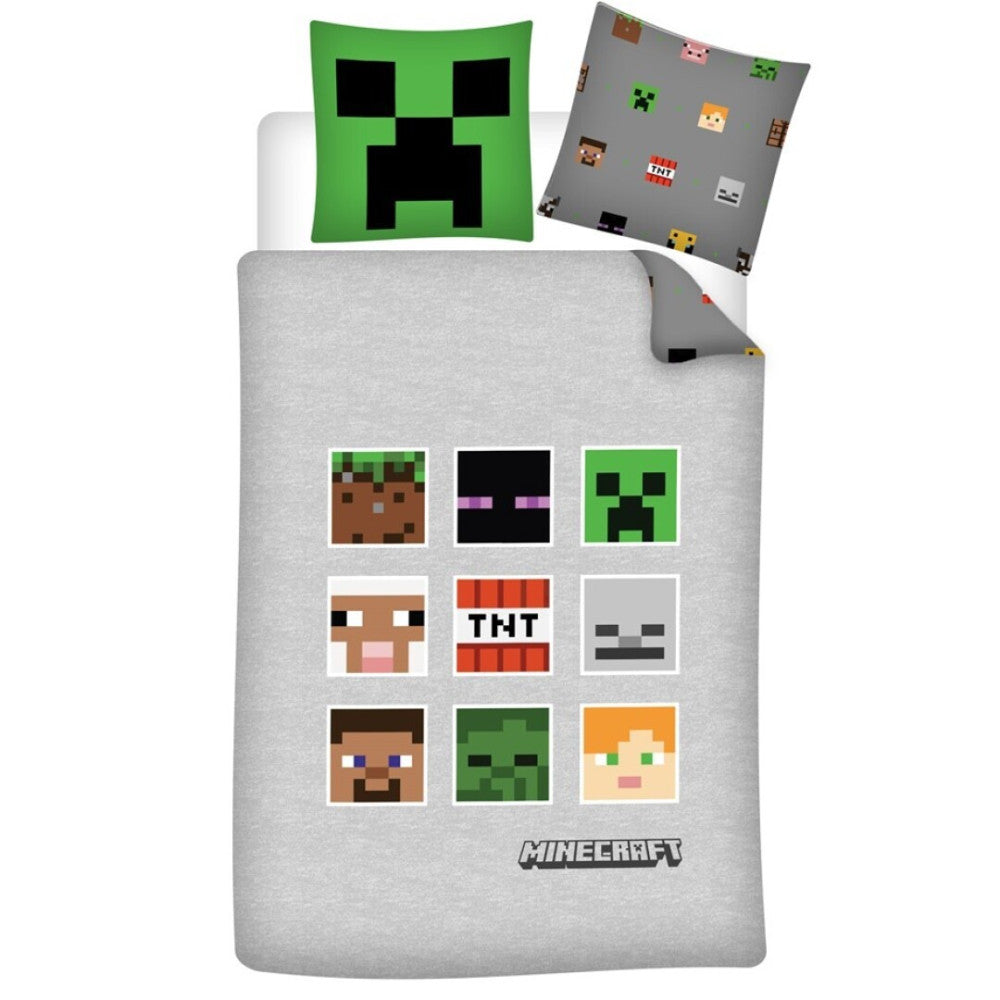 Minecraft pelēks gultasveļas komplekts 140x200cm, 63x63 cm mikrošķiedra
