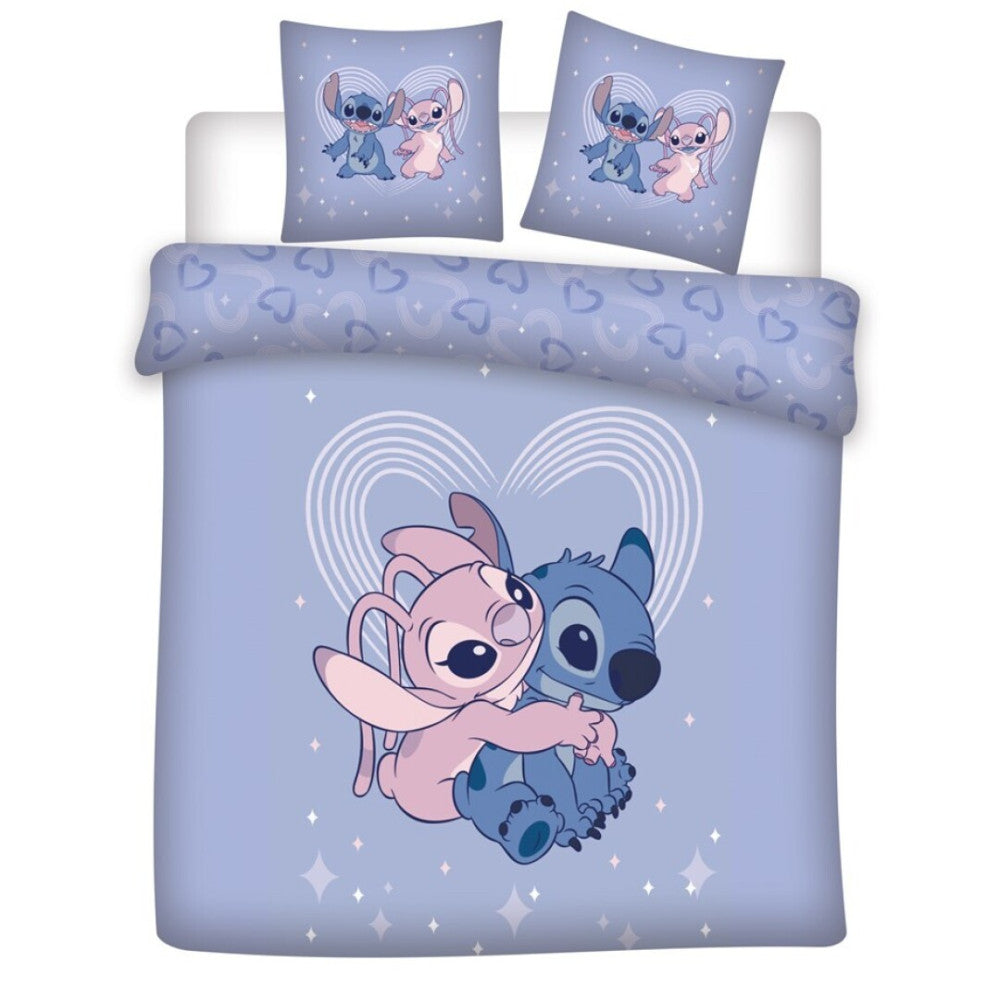 Disney Lilo un Stitch Love dubultais gultas pārklājs, dubultais gultas pārklājs 240–220 cm, 65 x 65 cm