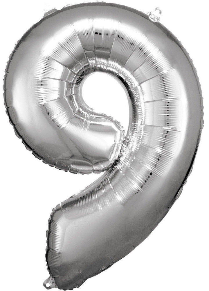 Sudraba milzīgais folijas balons "Cipars 9", 83x58 cm