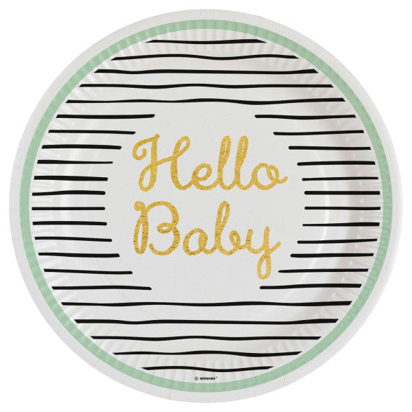 Zeltaini mazuļu "Hello" papīra šķīvji, 8 gab., 23 cm