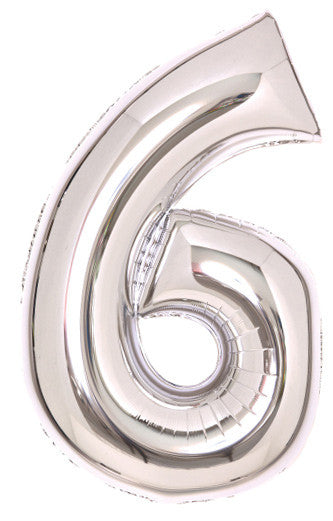 Sudraba krāsas skaitlis 6, sudraba folijas balons 66 cm