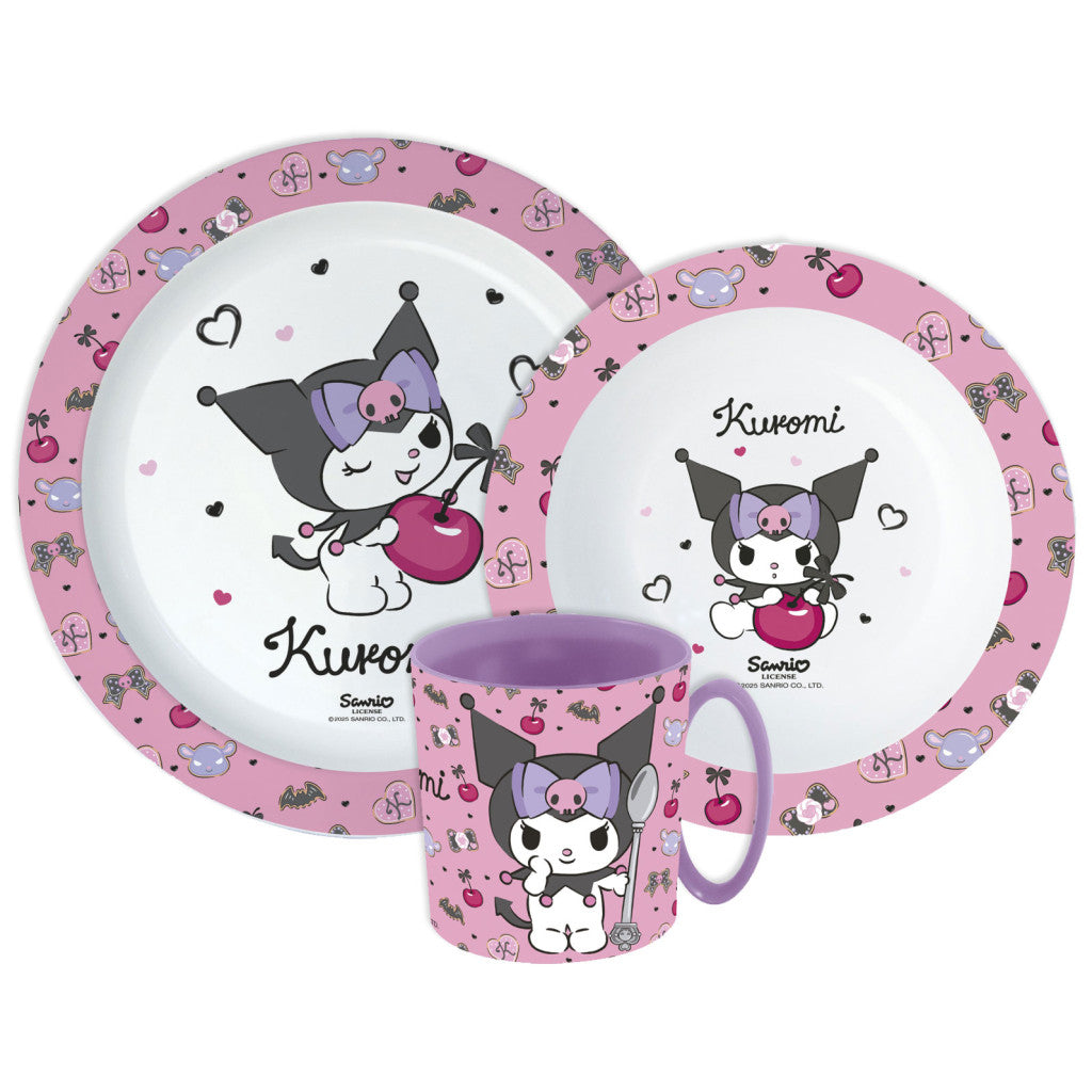 Hello Kitty Kuromi pusdienu servīze, mikroplastmasas komplekts ar krūzi 390 ml