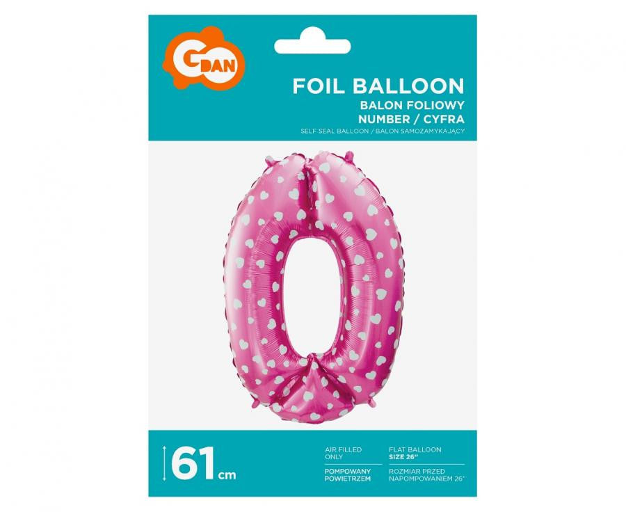 Rozā cipars ar sirsniņām, rozā 0 formas folijas balons 61 cm