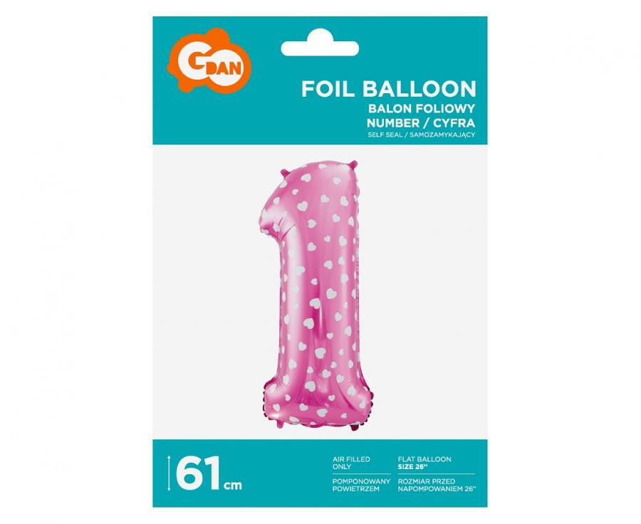 Rozā skaitlis ar sirsniņām, rozā folijas balons "Cipars 1", 61 cm