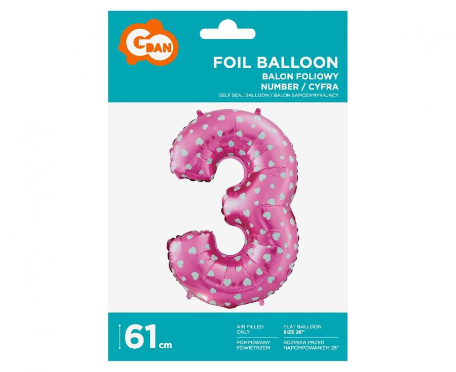 Folijas balons "Rozā cipari ar sirsniņām", 61 cm, rozā, 3 cipari