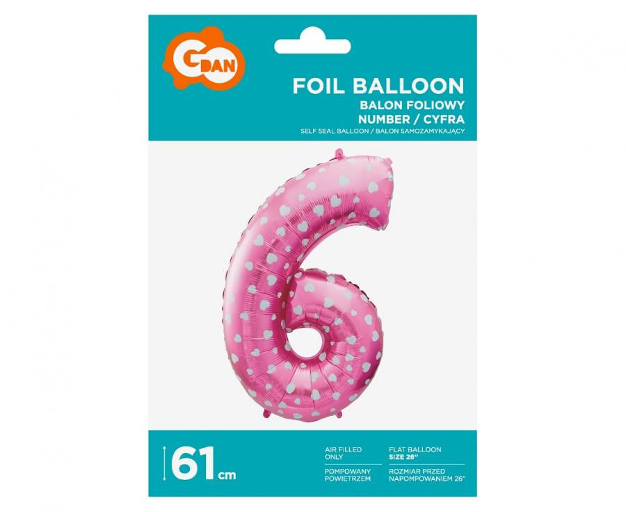 Rozā skaitlis ar sirsniņām, rozā folijas balons "Cipars 6", 61 cm