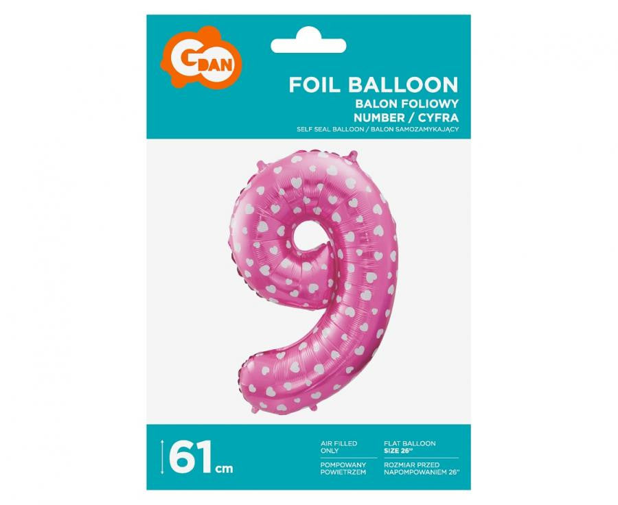 Rozā skaitlis ar sirsniņām, rozā folijas balons ar skaitli 9, 61 cm