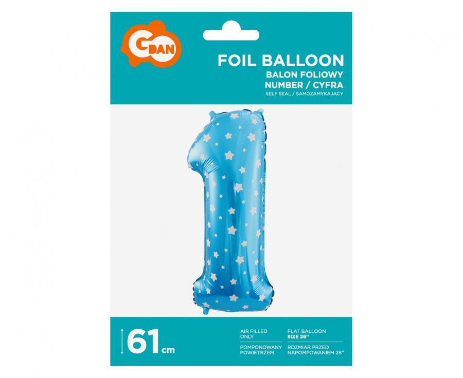 Zils skaitlis ar zvaigznēm, zils folijas balons 61 cm