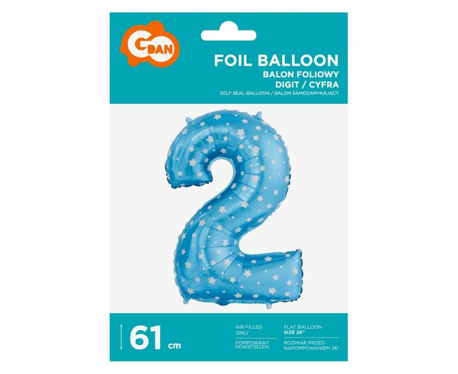 Zils skaitlis ar zvaigznēm, zils folijas balons ar skaitli 2, 61 cm