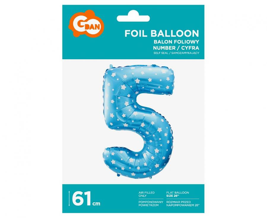 Zils skaitlis ar zvaigznēm, zils folijas balons ar skaitli 5, 61 cm