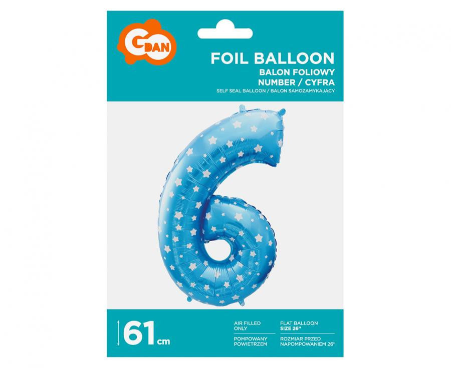 Zils skaitlis ar zvaigznēm, zils folijas balons ar skaitli 6, 61 cm