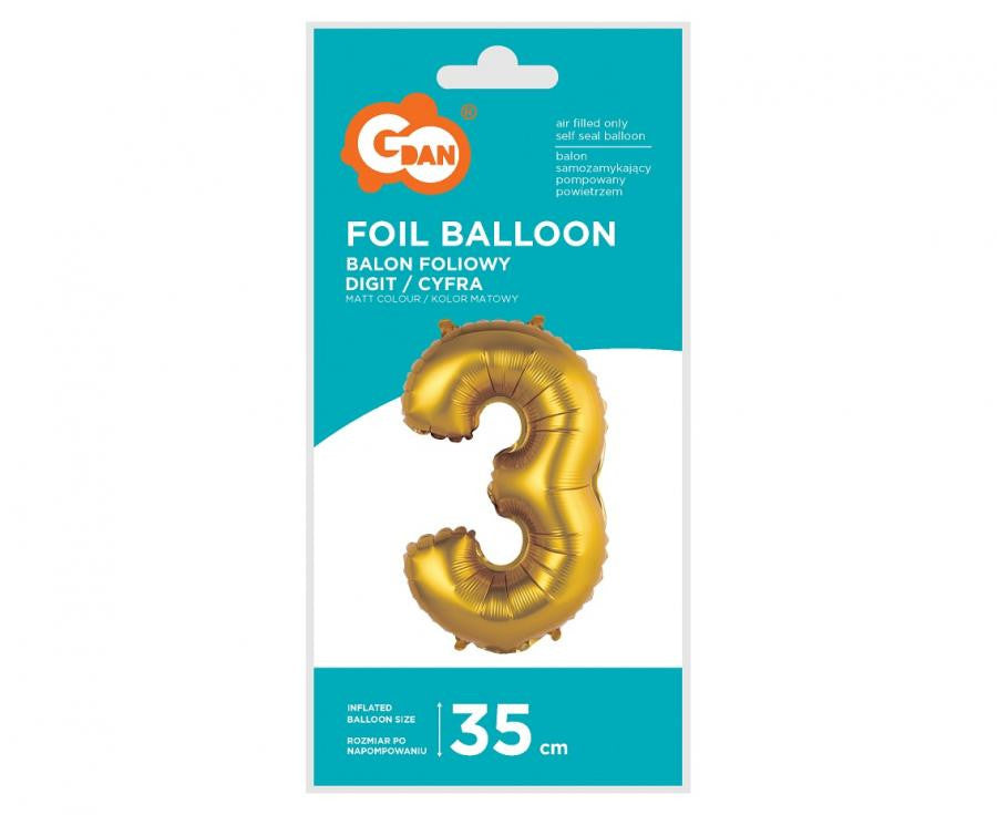 Matēti zelta krāsas mini folijas balons "Cipars 3", 35 cm