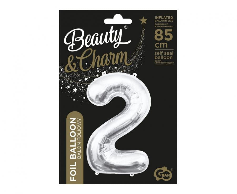 Sudrabains skaitlis, sudraba folijas balons "Cipars 2", 85 cm