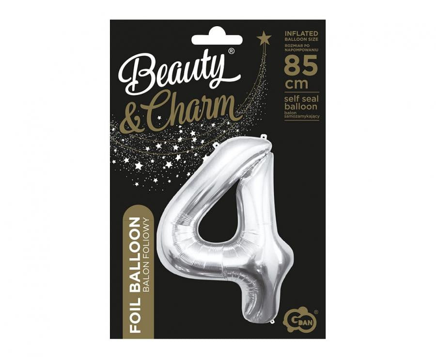 Sudraba krāsas folijas balons "Cipars 4", 85 cm