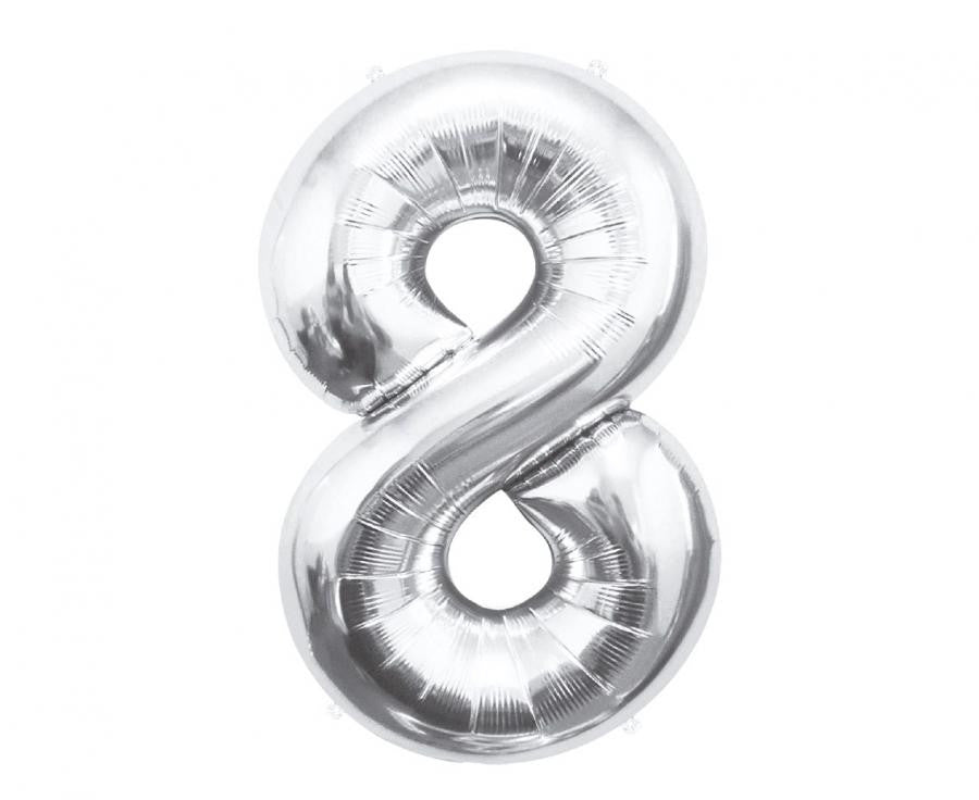 Sudraba krāsas folijas balons "Cipars 8", 85 cm