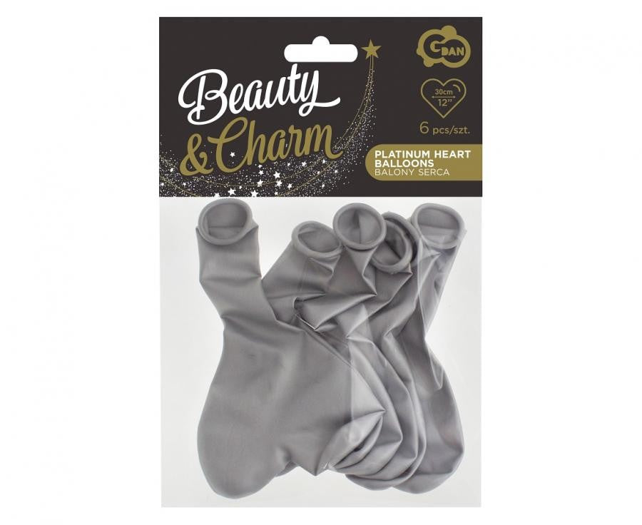 Sudraba, platīna krāsas, mīlestības sirds formas baloni, 6 gab., 12 collas (30 cm)