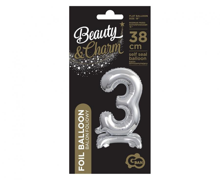 Sudraba mini folijas balons ar skaitli 3, 38 cm, B&C Silver