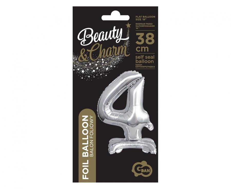 Sudraba mini folijas balons ar pamatni - skaitlis 4, 38 cm, B&C, sudraba krāsā
