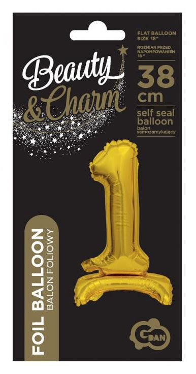 Folijas balons "Cipars B&C Gold", mini, skaitlis 1, ar pamatni, 38 cm
