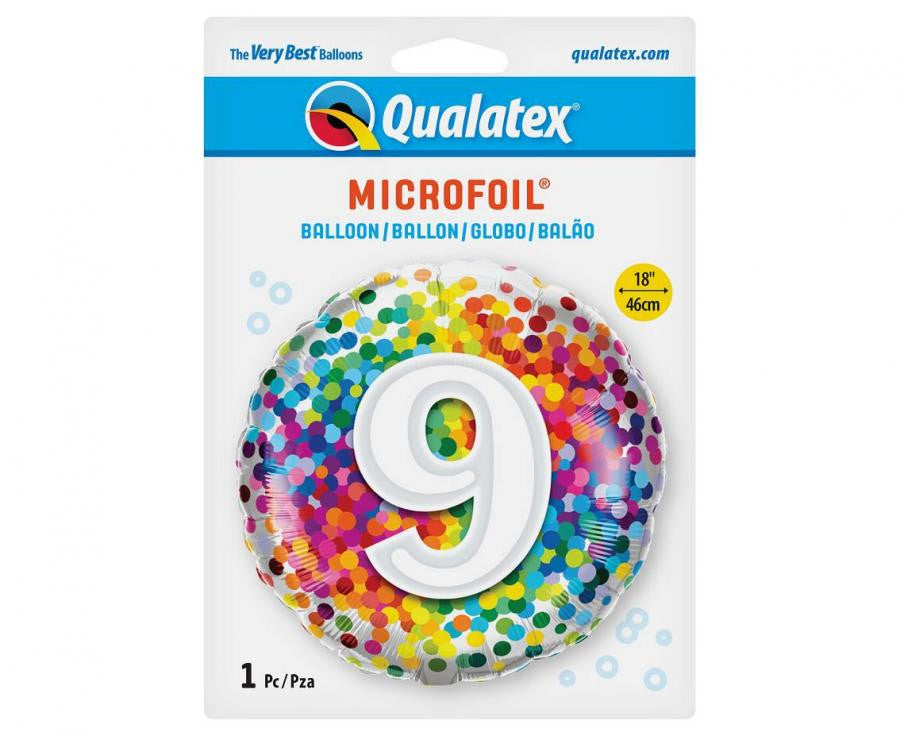 Folijas balons ar varavīksnes konfeti, krāsains, skaitlis 9, 46 cm