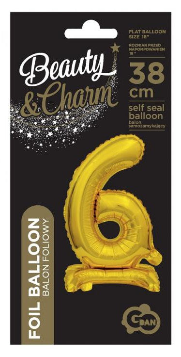 Folijas balons "Cipars B&C Gold", mini, skaitlis 6, ar pamatni, 38 cm